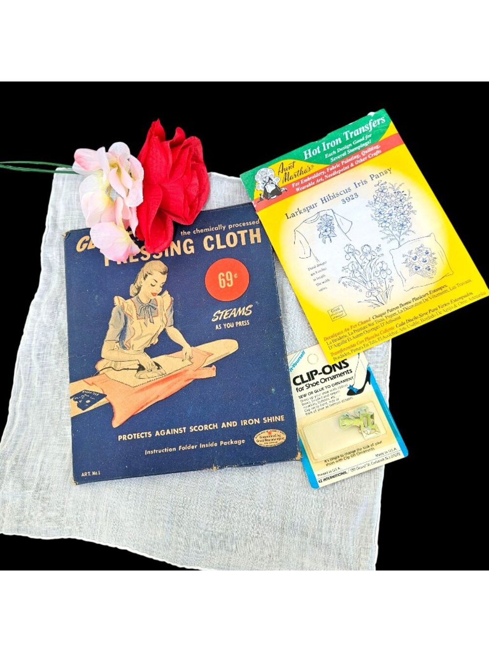 Vintage 1945 Sewing Lot Glide-Tex Pressing Cloth Clip-Ons Linen Hankie Transfer